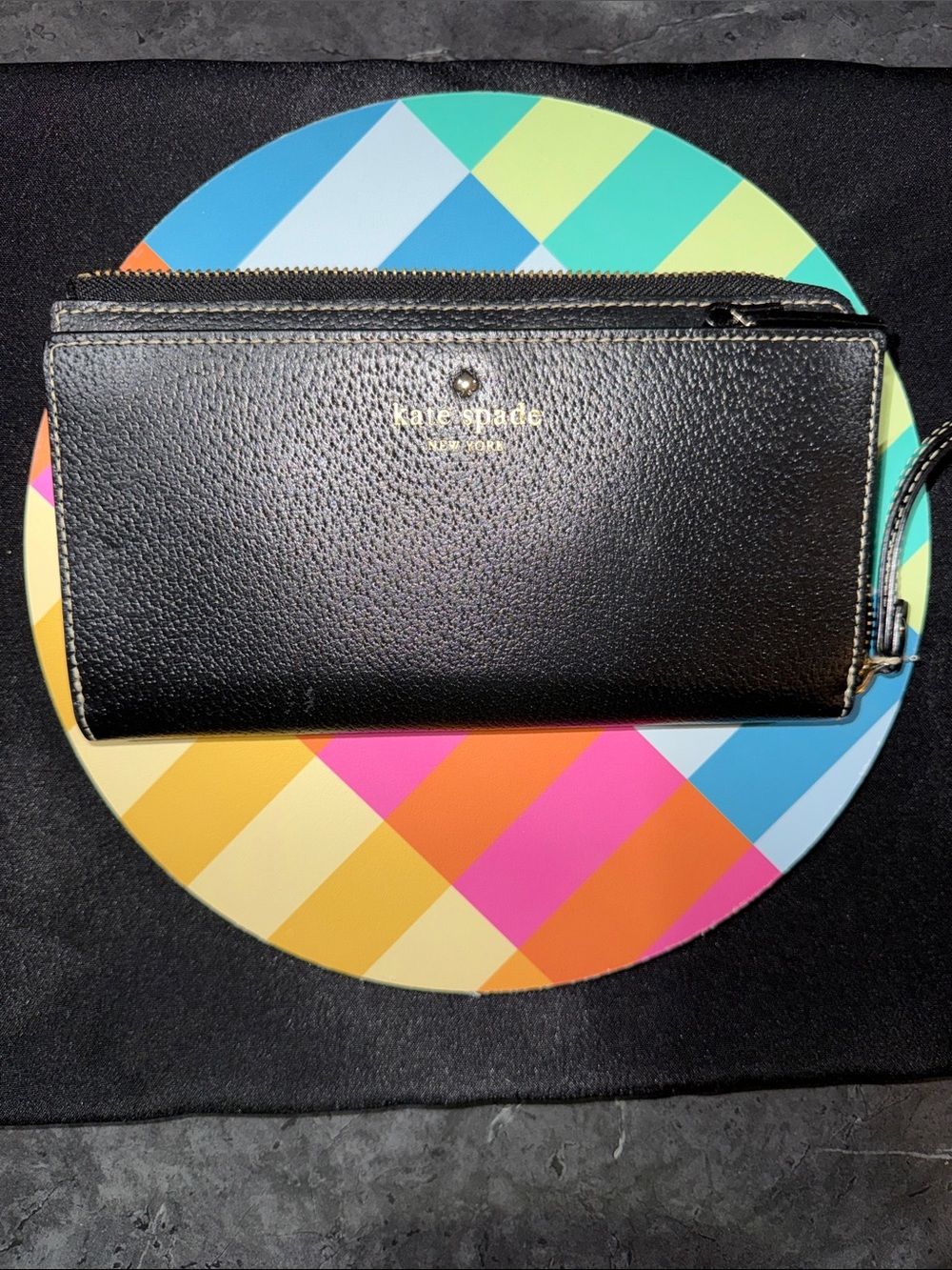 kate spade Black Pebbled Leather Zip Wristlet with Gold Logo